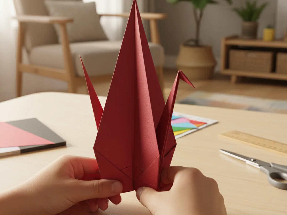Origami paper in the petal fold stage, showing a tall narrow diamond shape from two completed petal folds