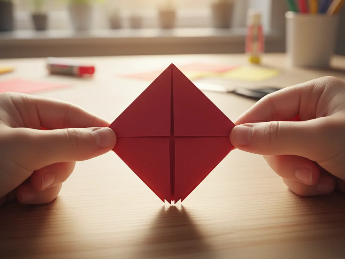 Small flat origami square base shape with open flaps pointing downward, resting on a craft table