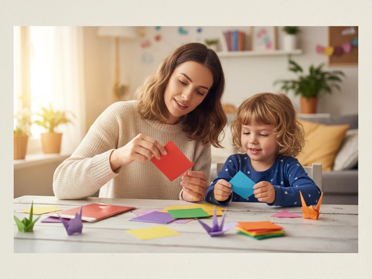A mom and young child sitting together at a craft table, folding colorful origami paper and smiling