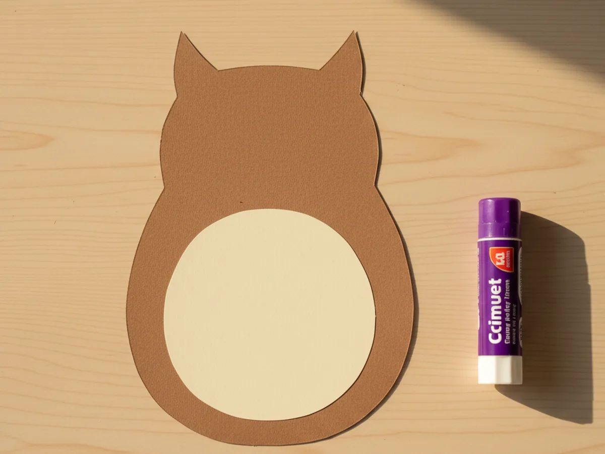 A cream oval tummy panel glued onto the front of the brown owl body, leaving a brown border around the edge of the rounded body shape