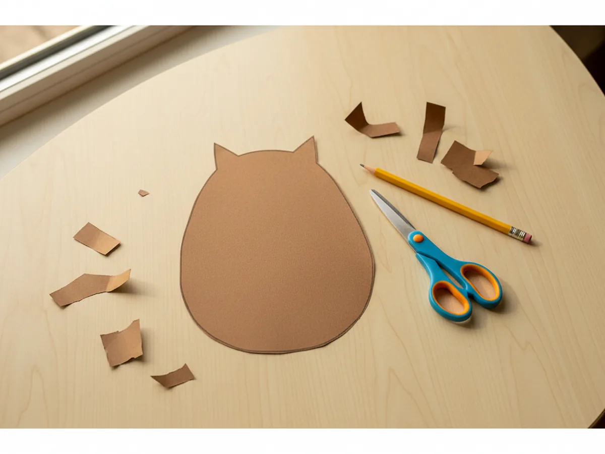 A tall rounded brown construction paper owl body shape with two small ear tufts at the top cut out and lying on a white craft table next to scissors and a pencil