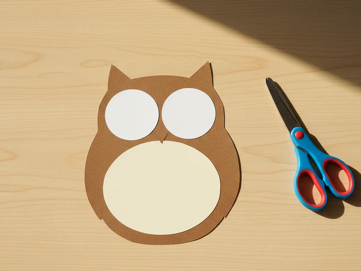 Two large white paper eye circles glued side by side near the top of the brown owl body just below the ear tufts and slightly overlapping the cream tummy panel