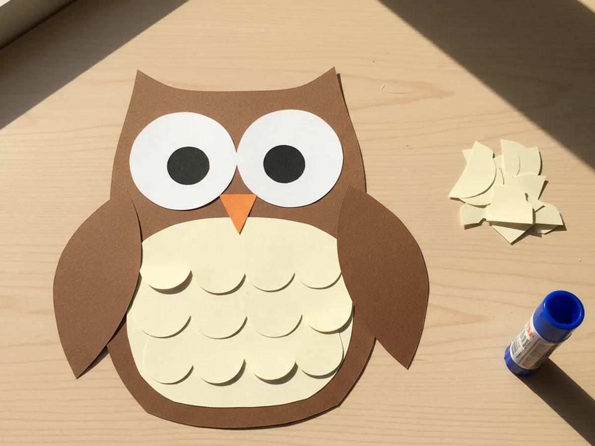 Three rows of cream scalloped paper feather strips glued in overlapping layers across the owl's tummy panel from bottom to top, giving the chest a soft fluffy textured look