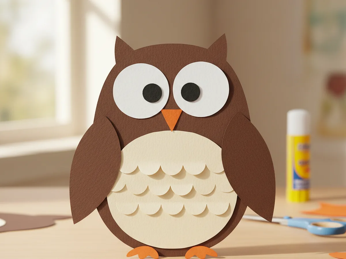 The finished owl paper craft with two small orange paper feet glued at the bottom of the body so they peek out below the owl, completing the friendly perched paper owl