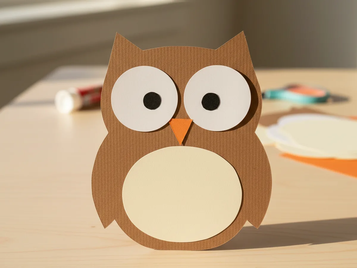 The brown owl body with two large white eyes now decorated with black paper pupils in the center and a small orange triangle beak glued between and slightly below the eyes