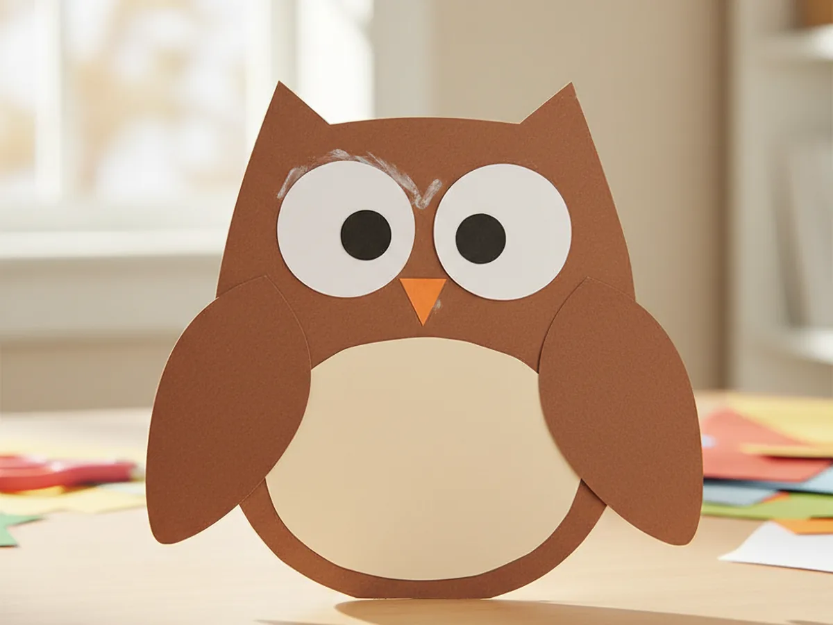 Two brown teardrop wing shapes glued along the sides of the owl body, curving gently inward and slightly overlapping the cream tummy panel