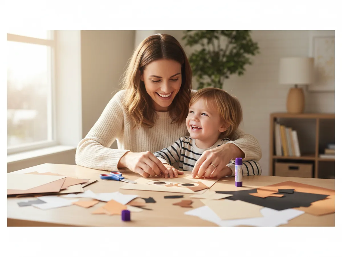 A mom and young child sitting together at a craft table with brown, cream, white, black, and orange construction paper, scissors, and a glue stick, getting ready to make an owl paper craft