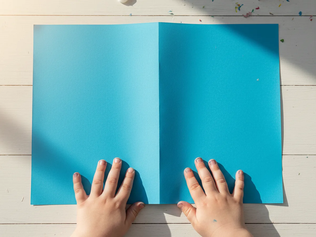 A sheet of bright blue paper lying flat on a white craft table with a sharp center crease pressed down the middle