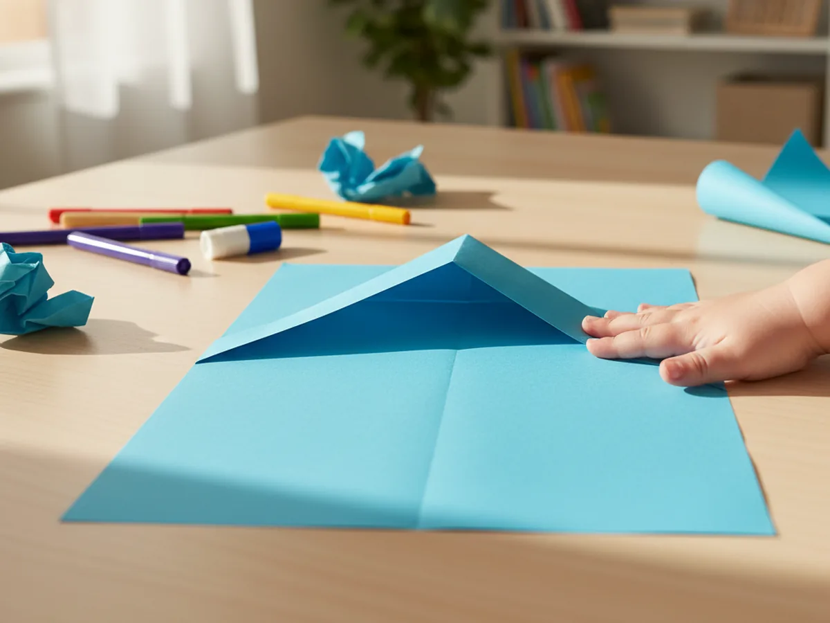 Blue paper with both top corners folded down to the center crease, forming a triangular pointed nose for the paper airplane