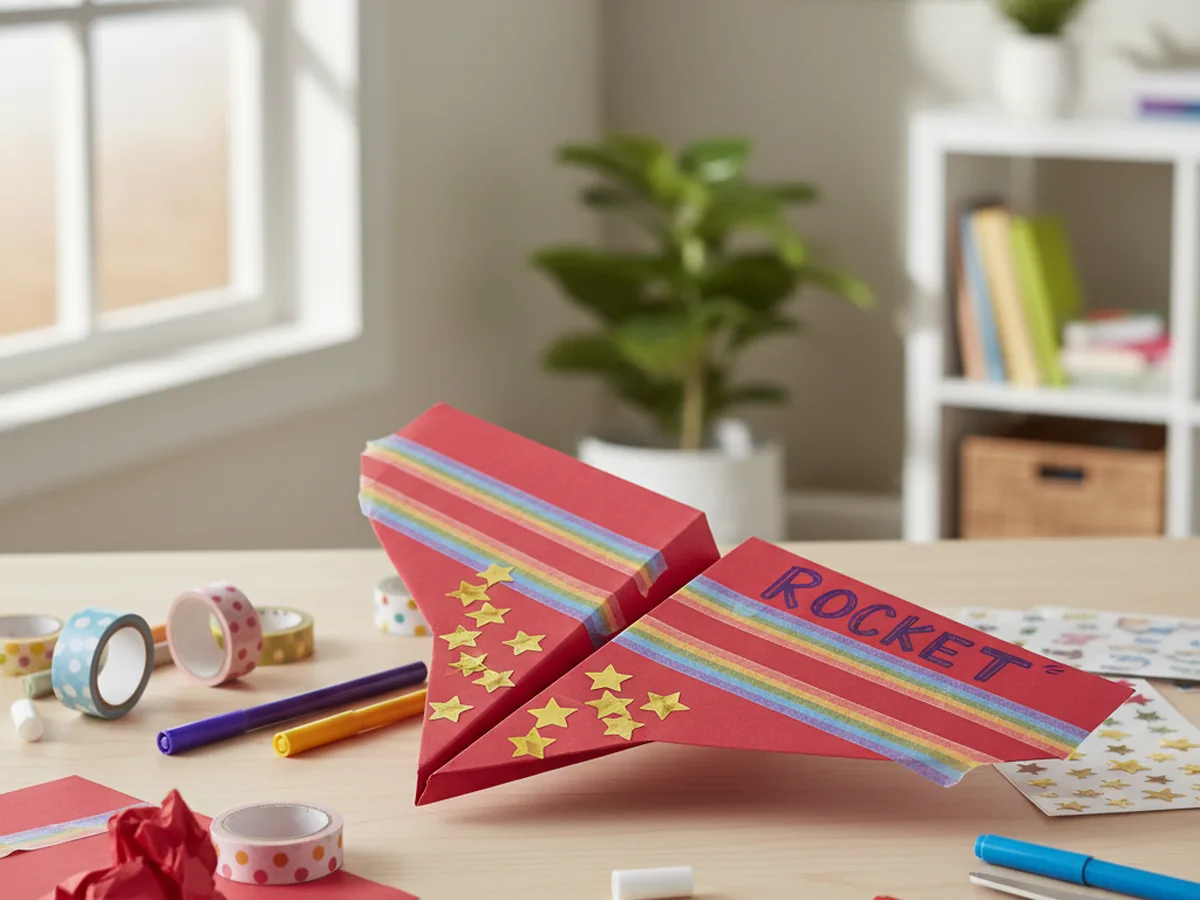 A colorful finished paper airplane craft decorated with washi tape stripes and star stickers, ready to fly