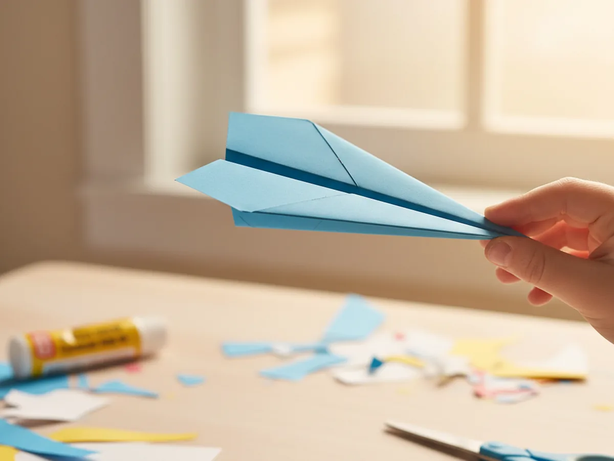 The paper airplane folded in half along the center crease, held up sideways to show the slim triangular dart shape