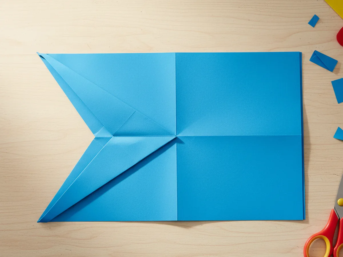 Blue paper with the slanted edges folded in a second time to the center crease, making the nose longer and sharper