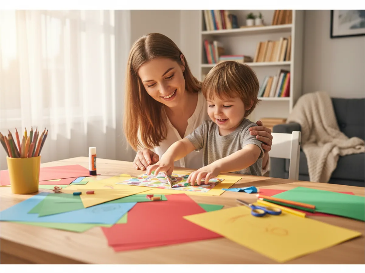 A mom and young child sitting together at a craft table with colorful paper, excited to start their paper airplane craft