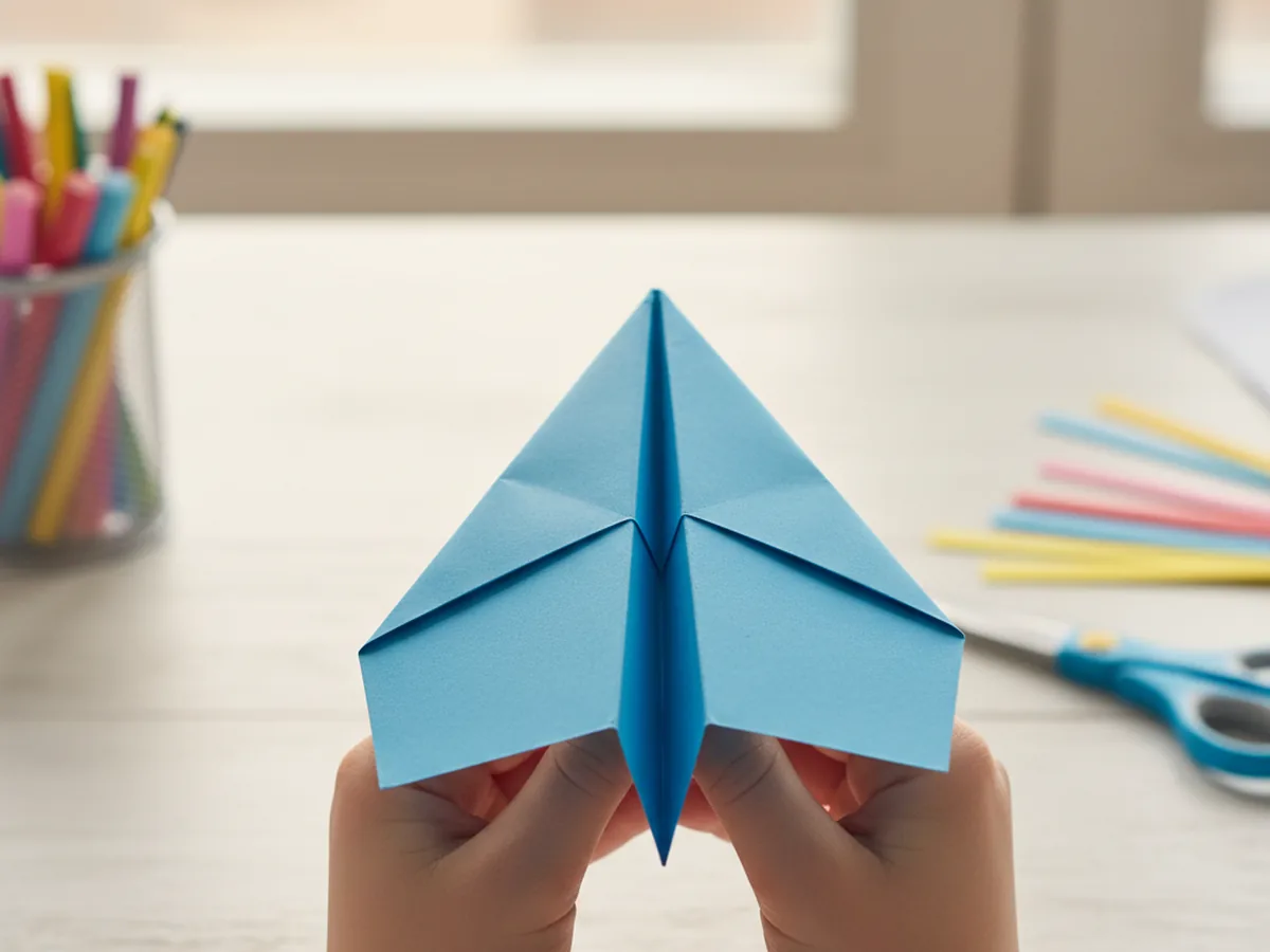 A completed paper airplane dart with both wings folded down symmetrically and held up against a light background
