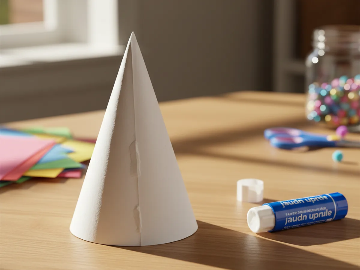A white paper cone body for a paper angels craft, standing upright on a craft table with the seam glued closed