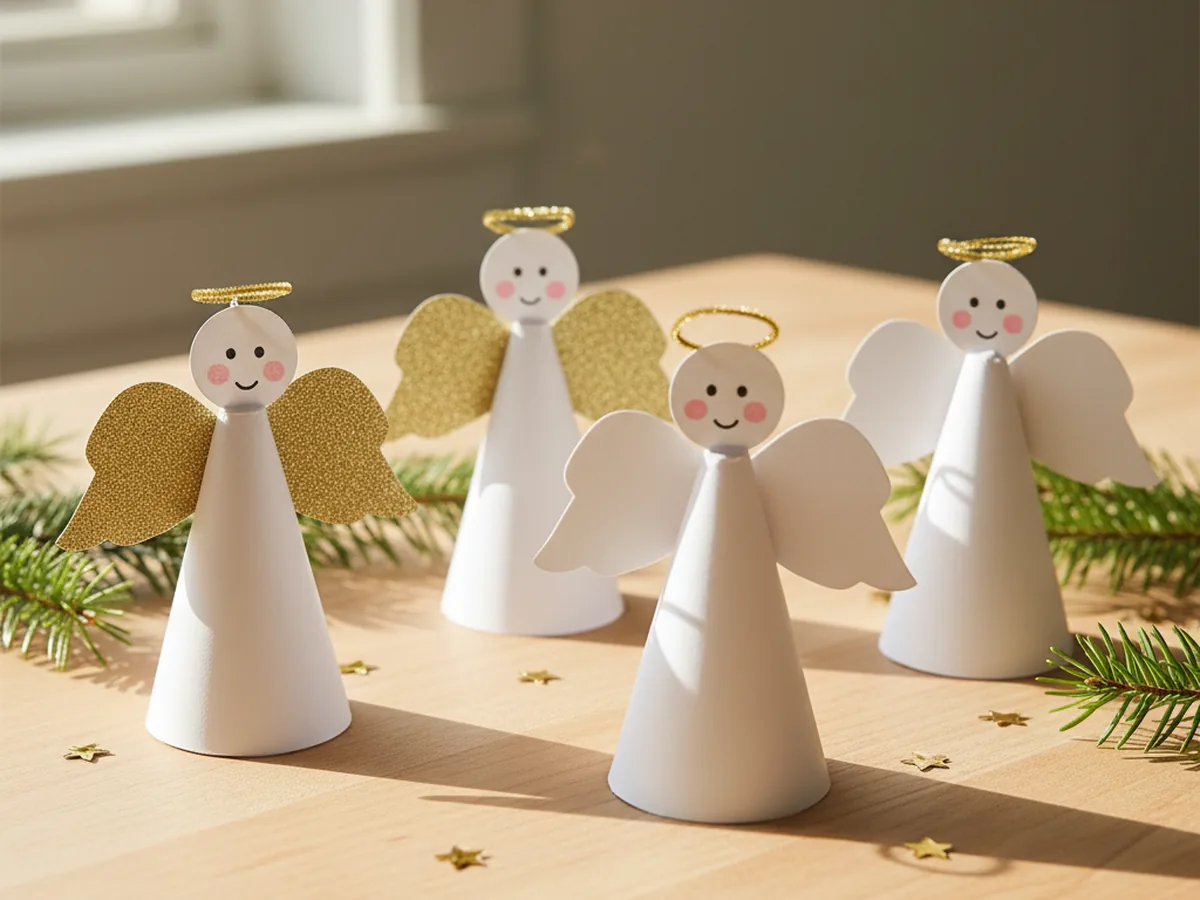 Finished paper angels craft with a white cone body, gold wings, and a gold pipe cleaner halo on a craft table