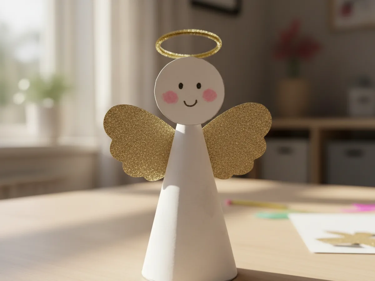 The finished paper angels craft with a sweetly drawn face, gold wings, and a gold pipe cleaner halo, standing upright on a craft table