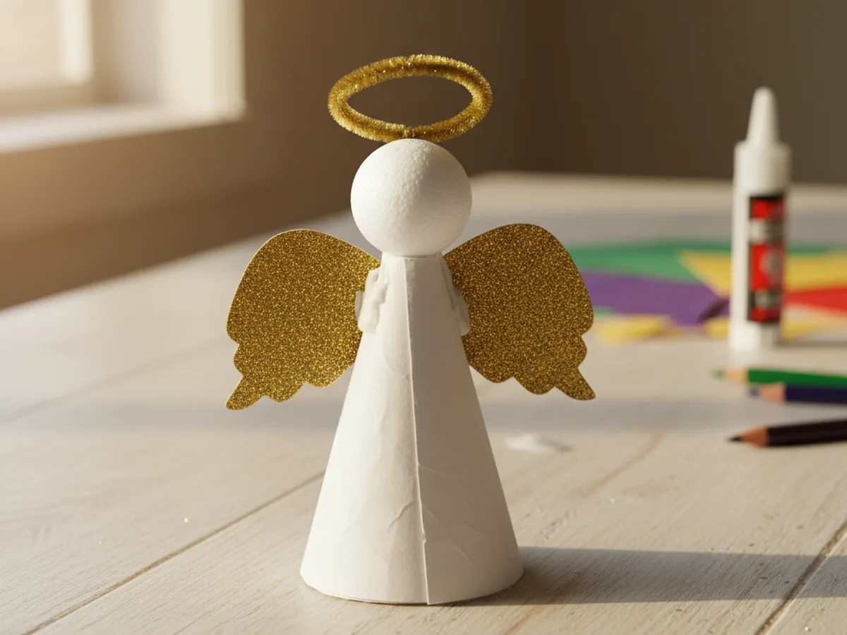 A small gold pipe cleaner halo attached above a paper angel's head, completing the angel cone craft on a craft table