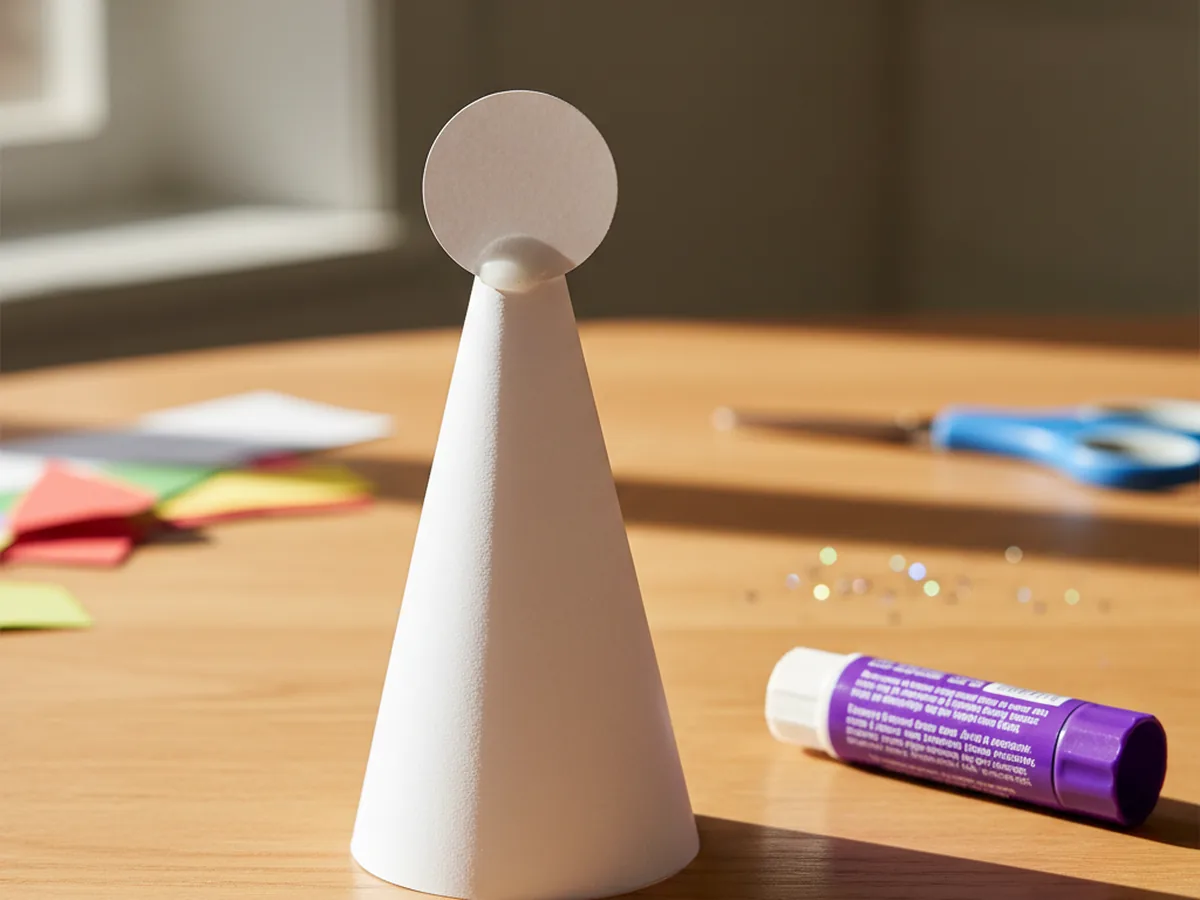 A small white paper circle head glued onto the top of a white paper cone body, sitting upright on a craft table