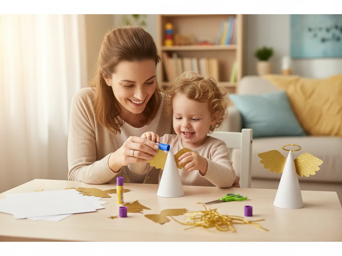A mom and young child sitting at a craft table together, smiling while making a paper angels craft with white cardstock and gold pipe cleaners