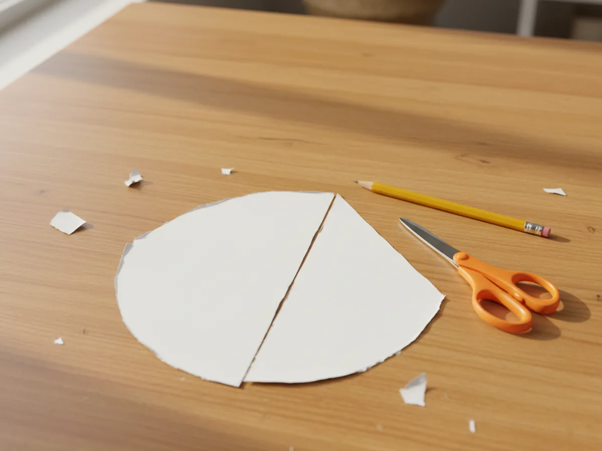 A large white cardstock quarter-circle cut out and laid flat on a craft table next to scissors, ready to roll into an angel cone body