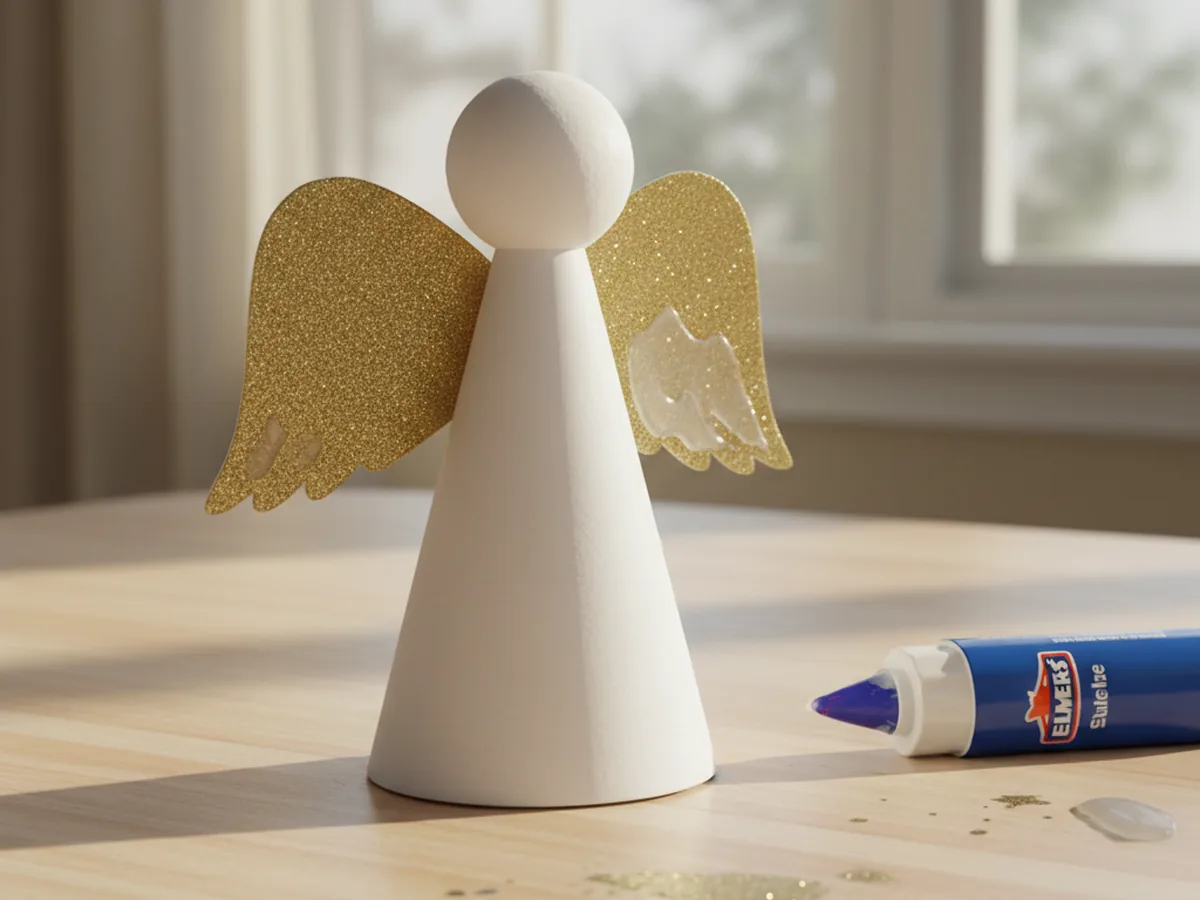 A paper angel with gold glitter wings glued to the back of a white cone body, viewed from a slight angle on a craft table