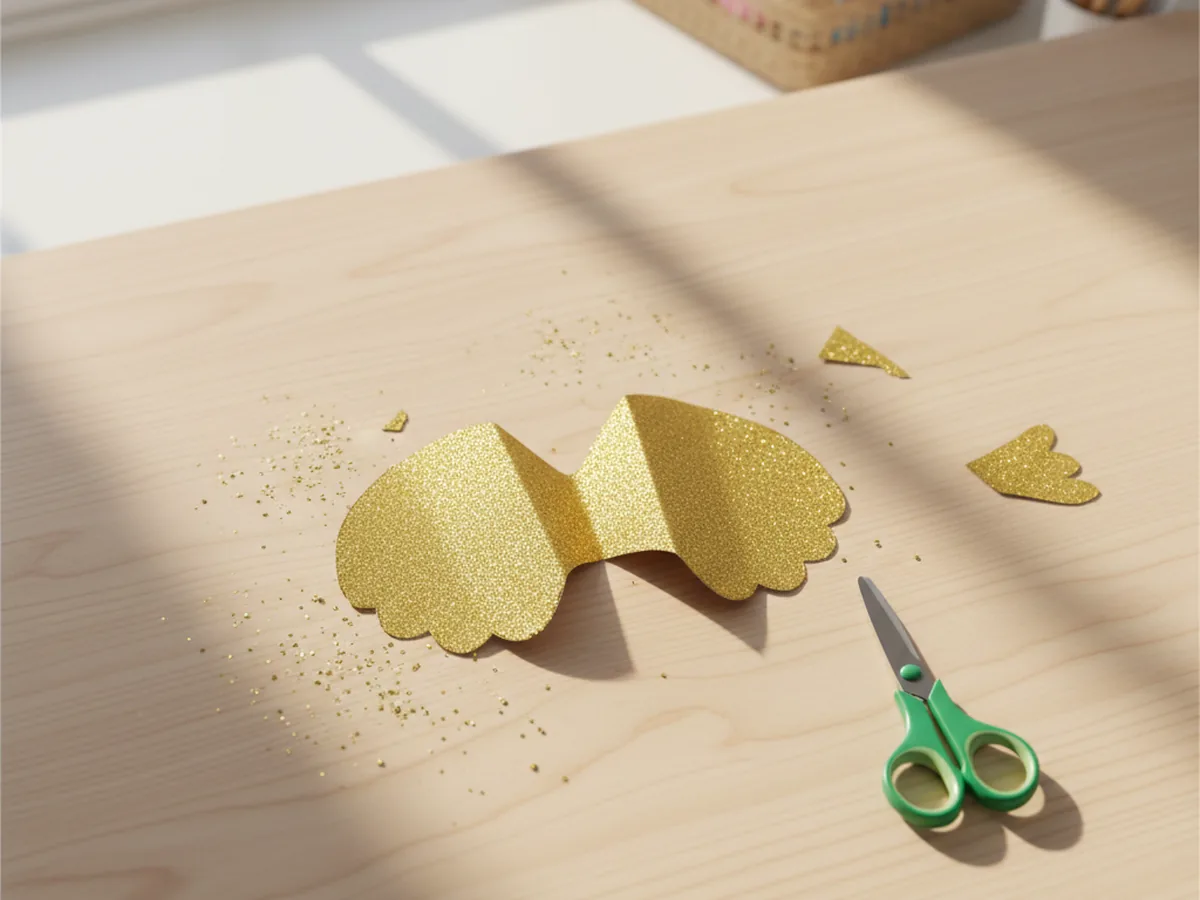A pair of gold glitter cardstock wings cut from folded paper, opened flat to show a symmetrical wing shape on a craft table