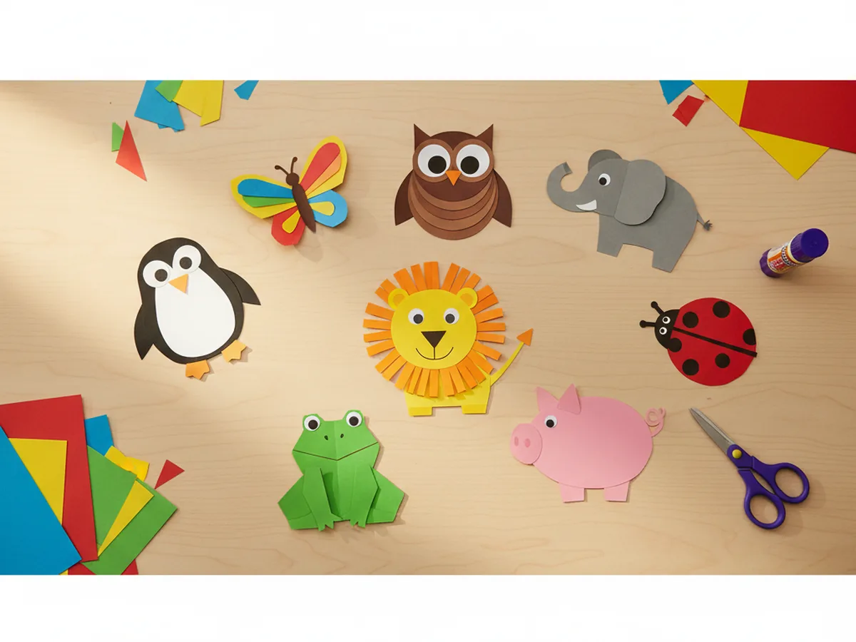 A colorful spread of handmade paper animal crafts including a lion, owl, elephant, frog, and butterfly arranged on a bright craft table