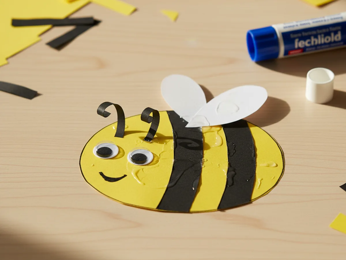 A handmade yellow paper bee with black stripes, white wings, and googly eyes on a wooden craft table