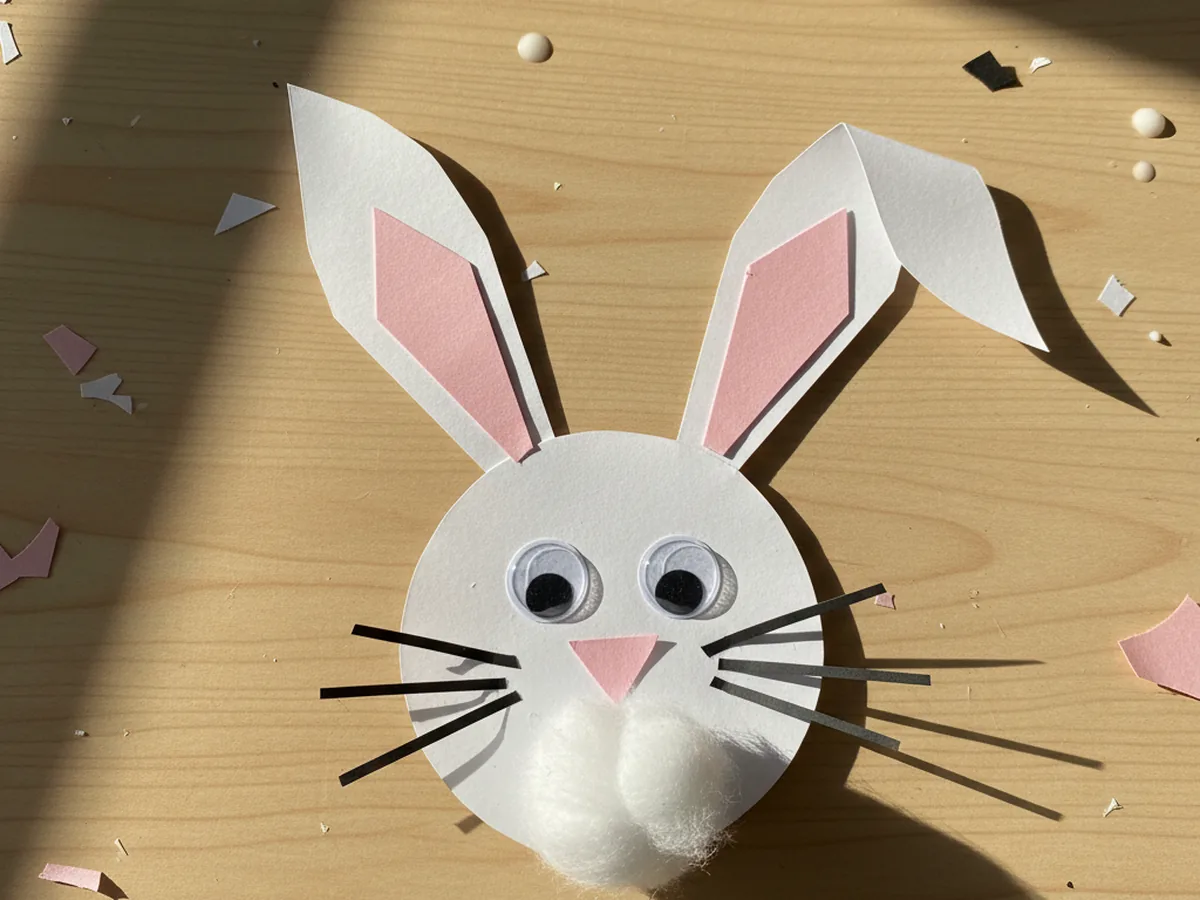 A handmade white paper bunny with long floppy ears, pink nose, and whiskers on a craft table