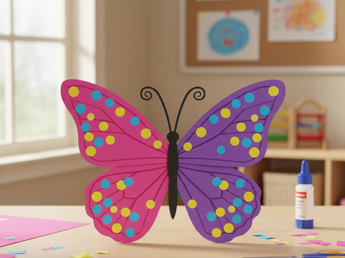 A bright symmetrical paper butterfly with decorated wings, a thin body, and curled antennae on a craft table