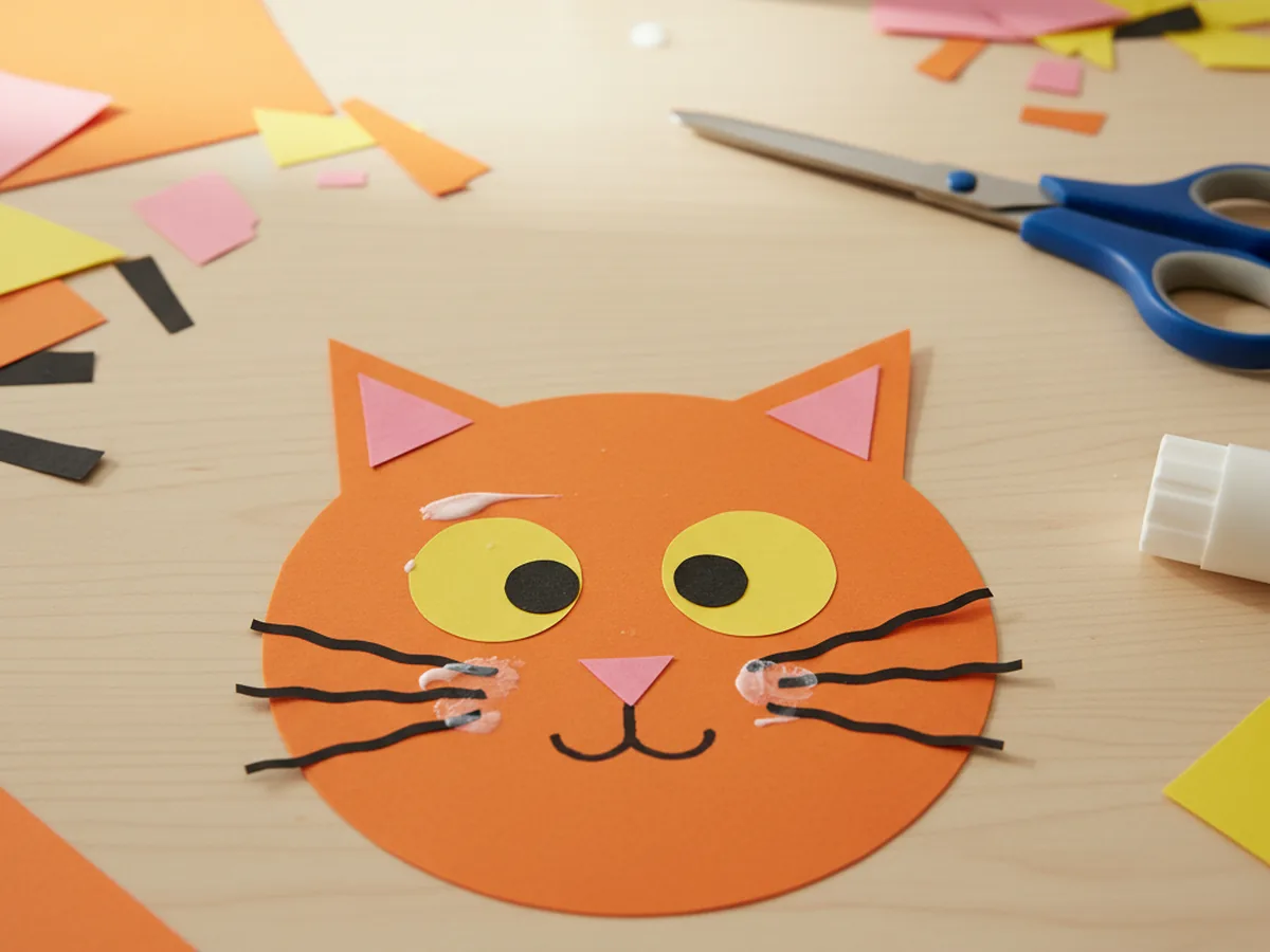 An orange handmade paper cat face with triangle ears, pink nose, yellow eyes, and thin paper whiskers on a craft table