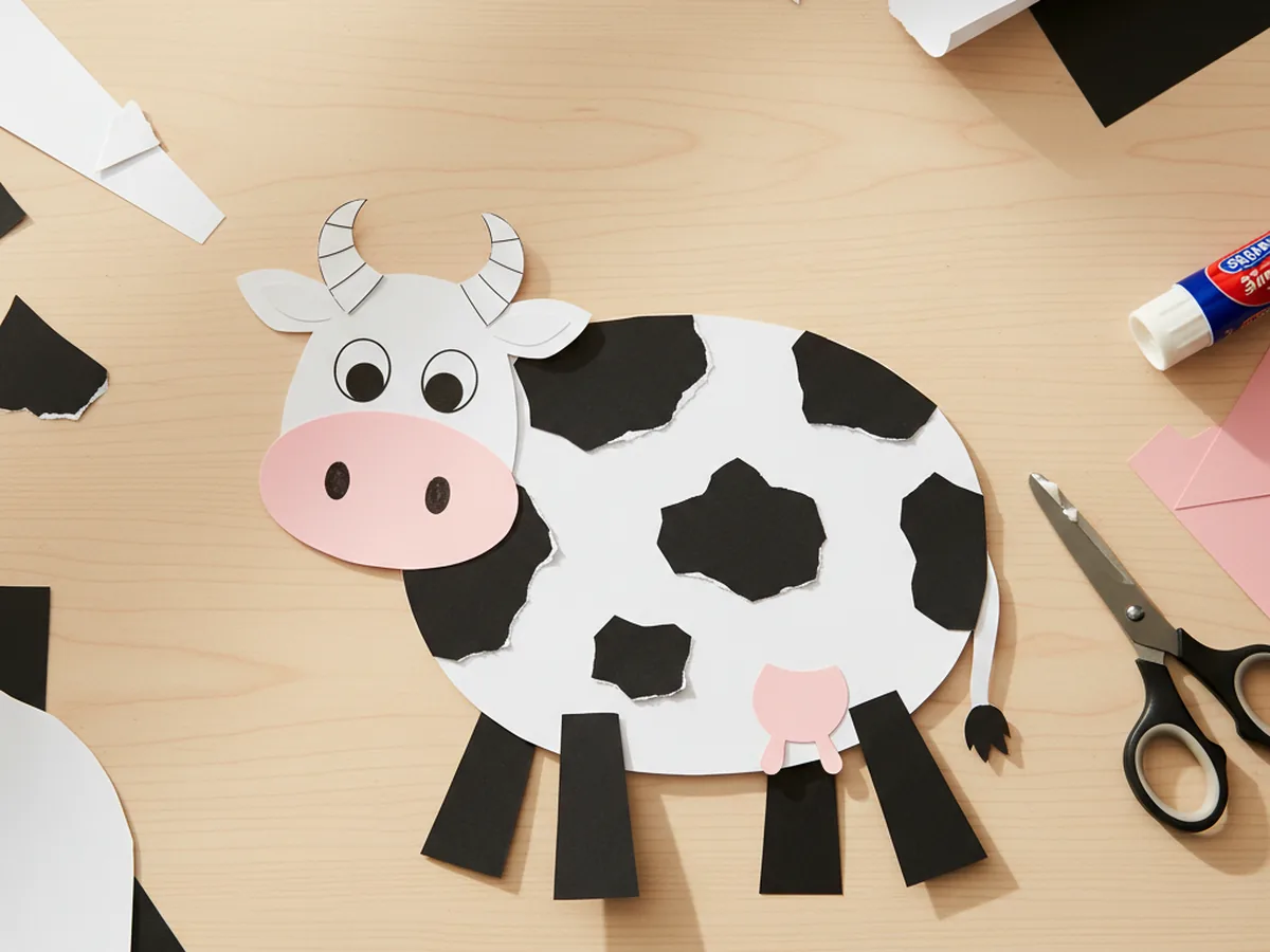 A handmade white paper cow with black spots, a pink snout, small horns, and short legs on a craft table