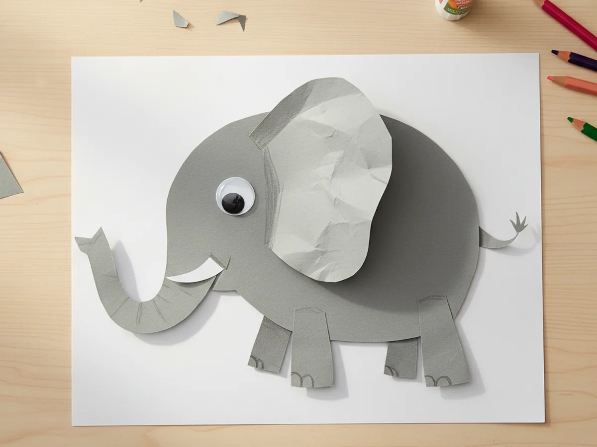 A handmade gray paper elephant with large round ears, a curling trunk, and a small white tusk on a craft table