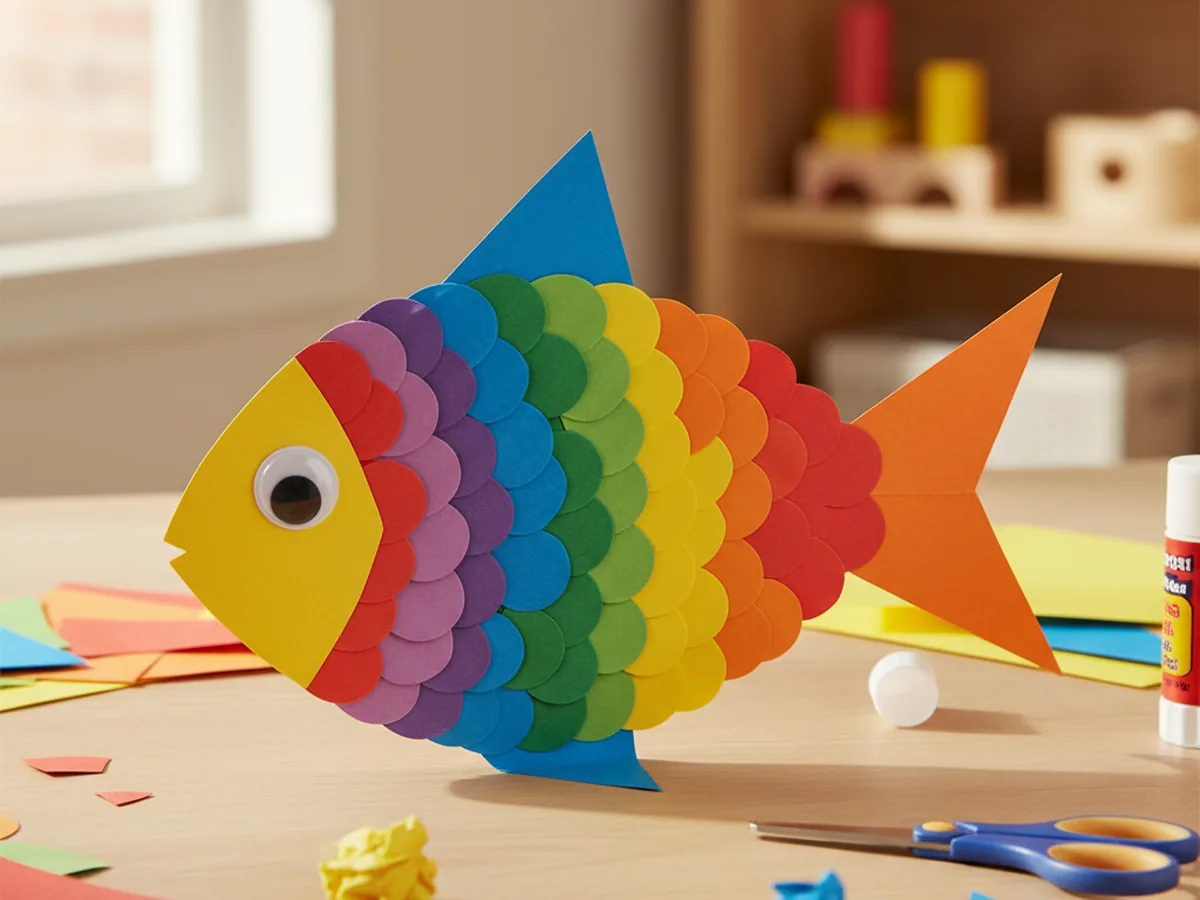 A colorful handmade paper fish with overlapping rainbow scales, a triangle tail, and a googly eye on a craft table