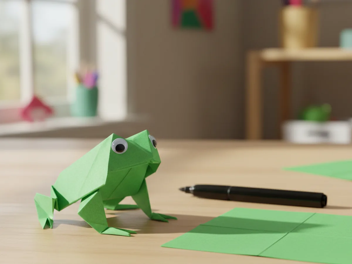 A green origami jumping frog with googly eyes folded from a square of paper sitting on a wooden craft table