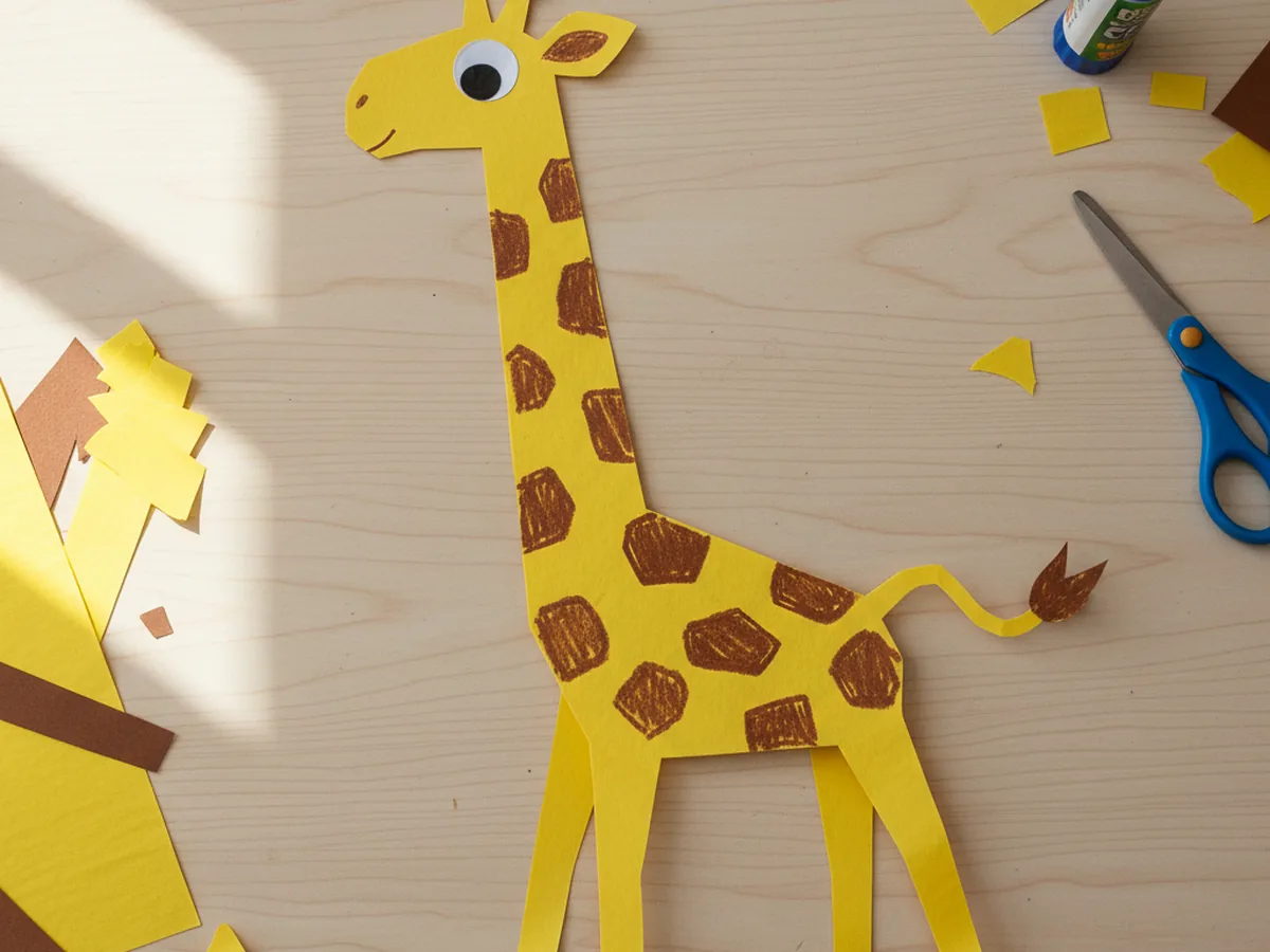 A handmade yellow paper giraffe with brown spots, long neck, four legs, and small ears on a craft table