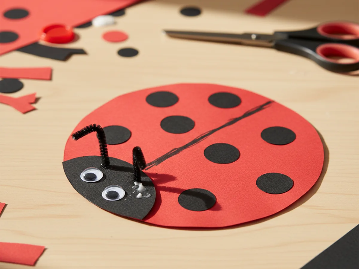 A handmade red paper ladybug with black spots, black head, and tiny googly eyes on a bright craft table