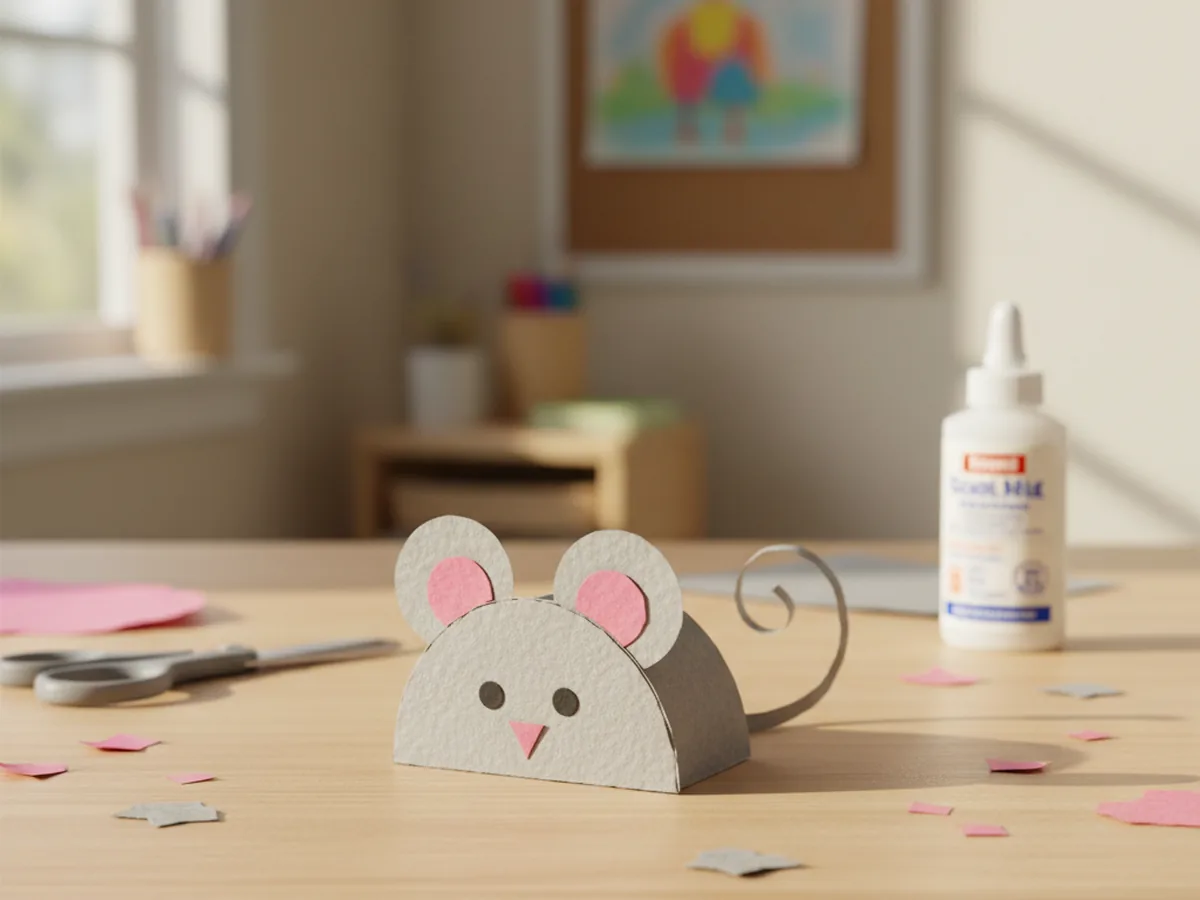 A handmade gray paper mouse with round pink ears, a tiny pink nose, and a long curled tail on a craft table