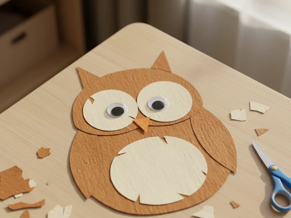 A cute handmade paper owl with brown layered body, large googly eyes, and pointed ear tufts on a wooden craft table