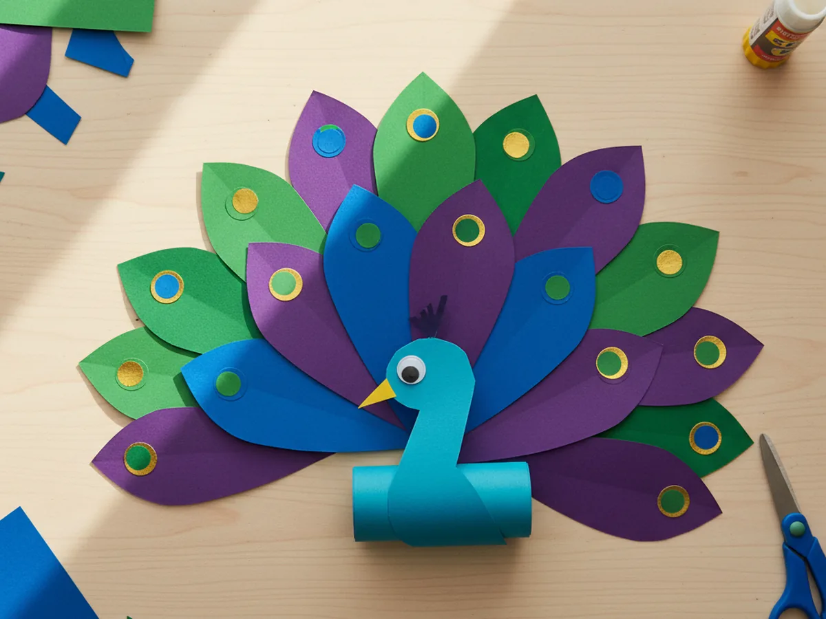 A handmade colorful paper peacock with layered teardrop feathers in blue, green, purple, and gold on a craft table