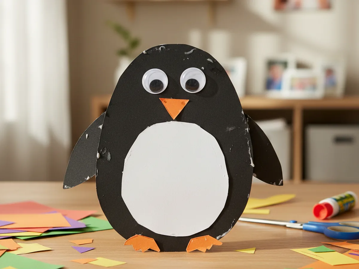 A handmade paper penguin with a black body, white belly, orange beak, and orange feet standing on a craft table