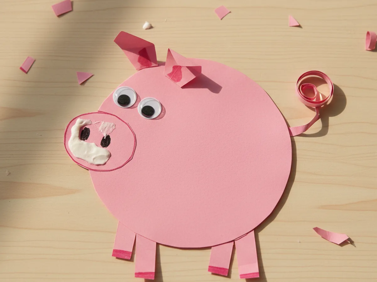 A handmade pink paper pig with a round body, oval snout, triangle ears, and a curly paper tail on a wooden craft table