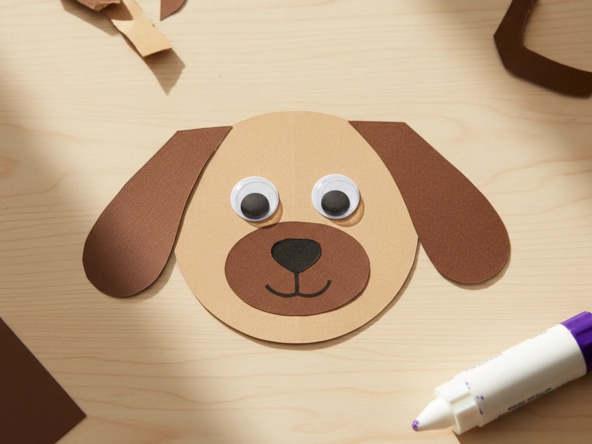 A handmade brown paper puppy with floppy ears, googly eyes, and a black nose on a wooden craft table