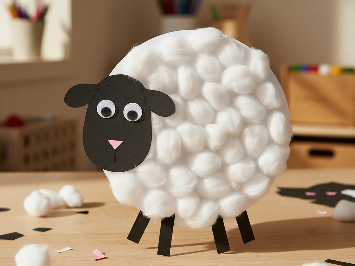 A handmade paper sheep with a fluffy cotton ball wool body, black face, and short black legs on a craft table