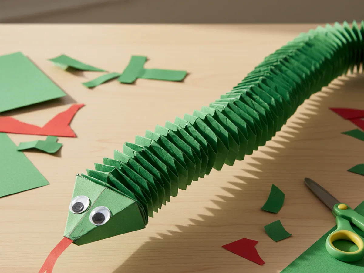 A green accordion-folded paper snake with a triangle head, red forked tongue, and googly eyes stretched across a craft table