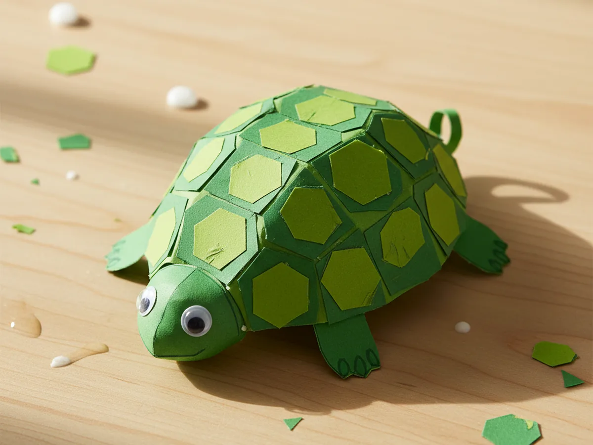 A handmade green paper turtle with a patterned shell of small hexagons, four short legs, and googly eyes on a craft table