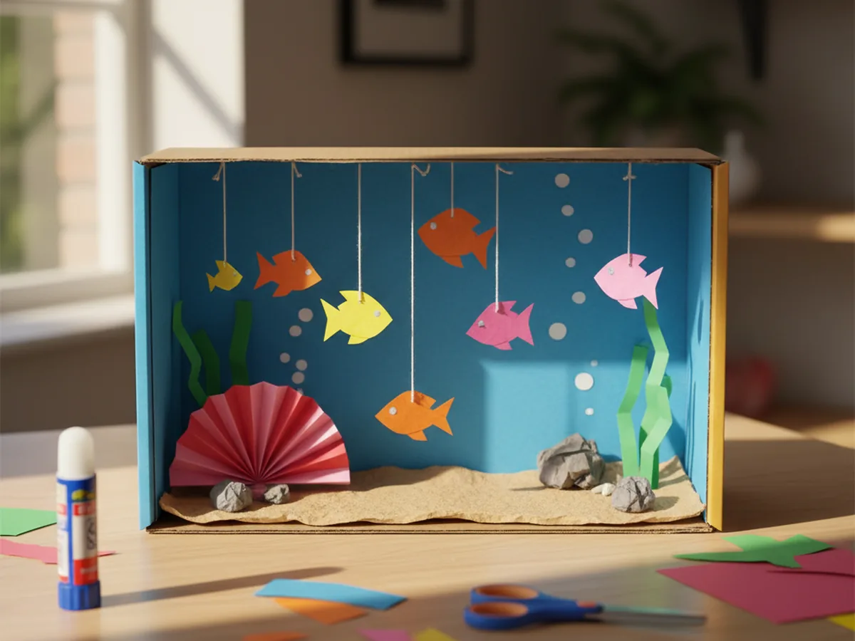 A handmade cardboard box aquarium diorama with blue paper walls, hanging paper fish, sandy floor, and green paper seaweed