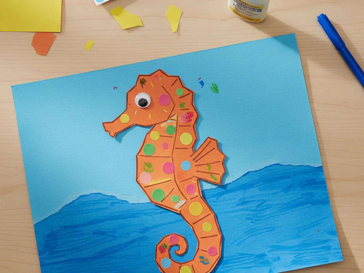A handmade yellow construction paper seahorse with a googly eye and dot decorations on a blue paper ocean background