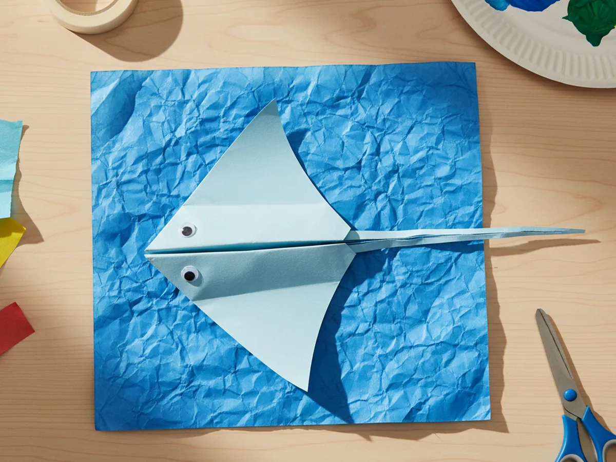 A handmade folded paper stingray with a grey diamond body, two googly eyes, and a long thin paper tail on a blue paper background